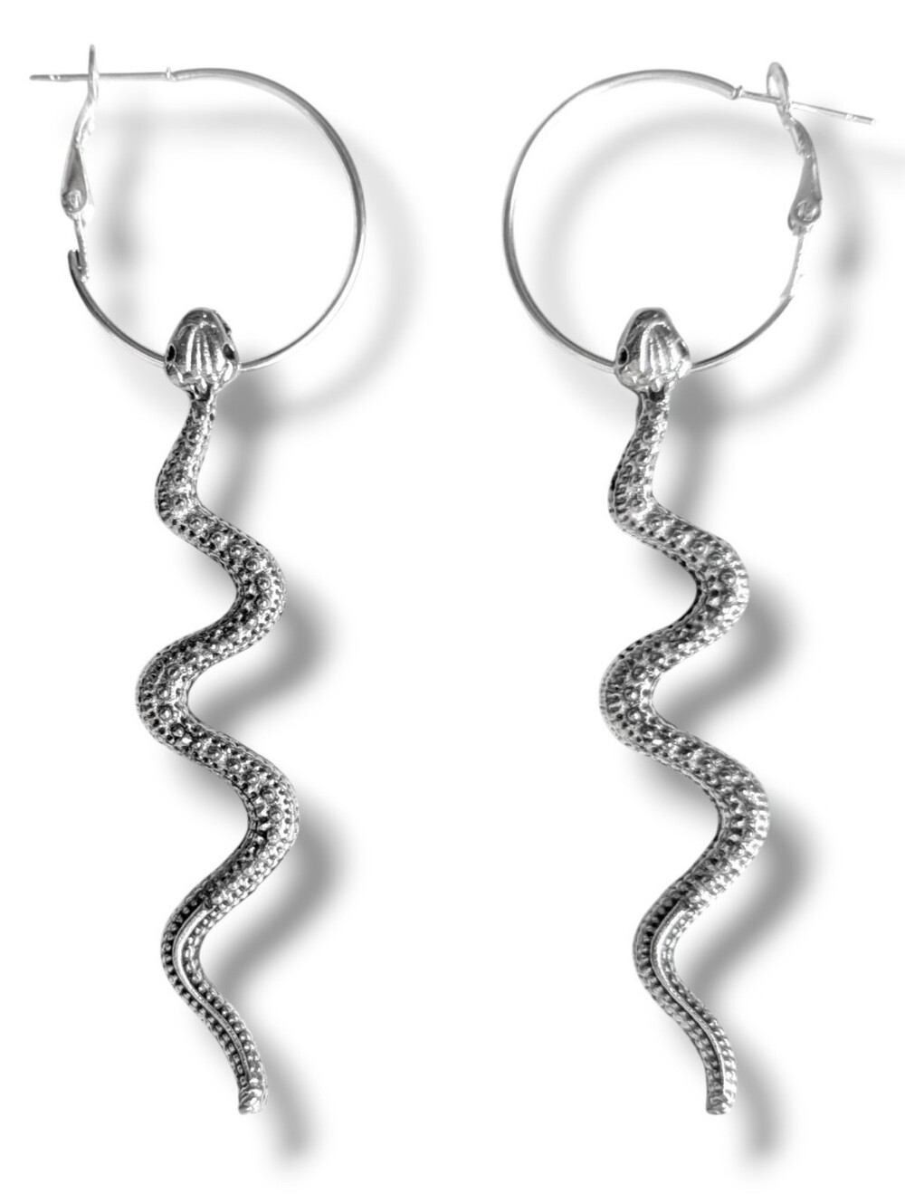NWT Handmade Long Silver Snake On Silver Hinged Hoop Dangly Earrings